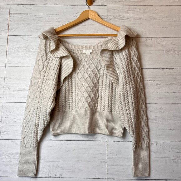 H&M Sweater Womens Size Medium Oatmeal Flounced Cable Knit Ruffle Crop Fall Wear - Picture 1 of 16